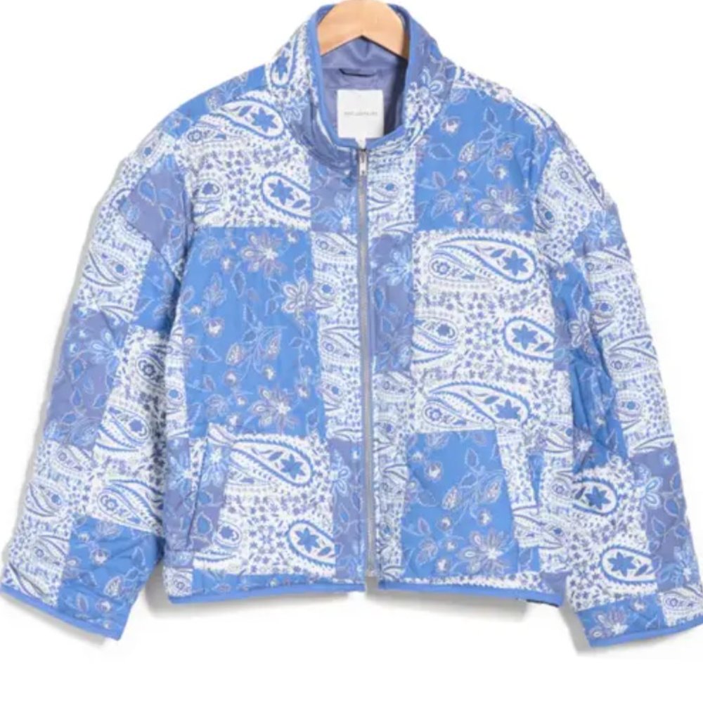 NWT Avec Les Filles Blue Chambray Floral Patchwork Quilted Puffer Jacket